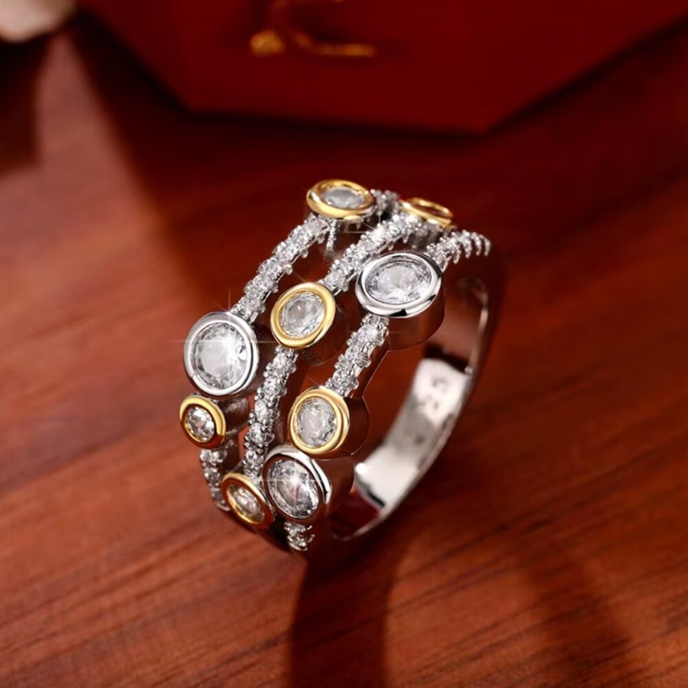 NEW 18k White & Yellow Gold Diamond Ring Band Two Tone Wide Ring Band - Picture 3 of 5